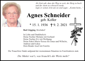 Traueranzeige von Agnes Schneider von Mittelbayerische Zeitung Kelheim