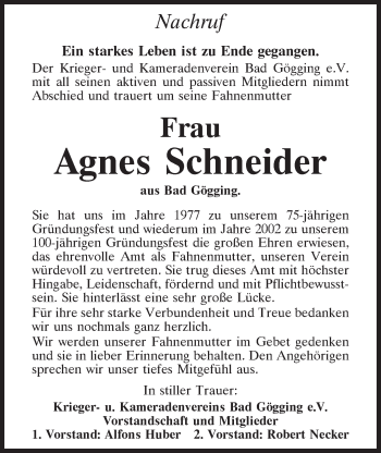 Traueranzeige von Agnes Schneider von Mittelbayerische Zeitung Kelheim