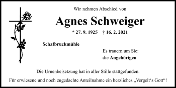Traueranzeige von Agnes Schweiger von Mittelbayerische Zeitung Regensburg