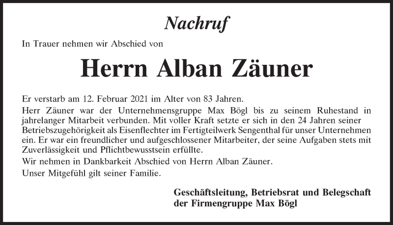  Traueranzeige für Alban Zäuner vom 16.02.2021 aus Neumarkter Tagblatt