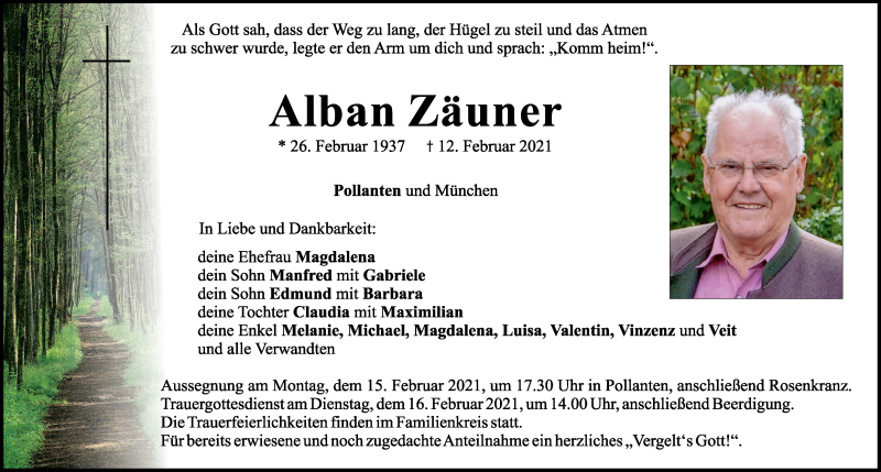  Traueranzeige für Alban Zäuner vom 13.02.2021 aus Neumarkter Tagblatt