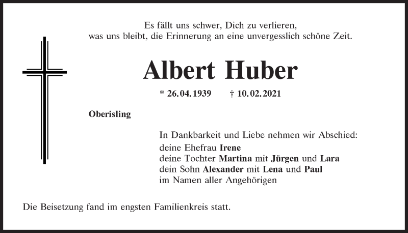  Traueranzeige für Albert Huber vom 20.02.2021 aus Mittelbayerische Zeitung Regensburg
