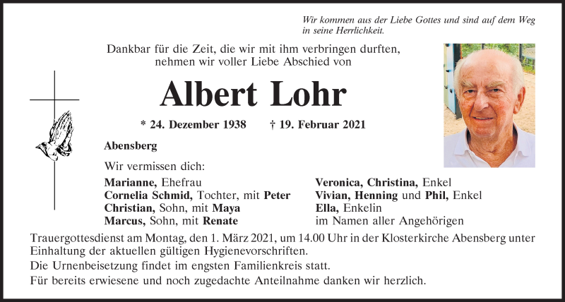  Traueranzeige für Albert Lohr vom 24.02.2021 aus Mittelbayerische Zeitung Kelheim