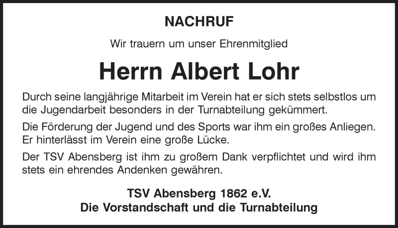  Traueranzeige für Albert Lohr vom 26.02.2021 aus Mittelbayerische Zeitung Kelheim
