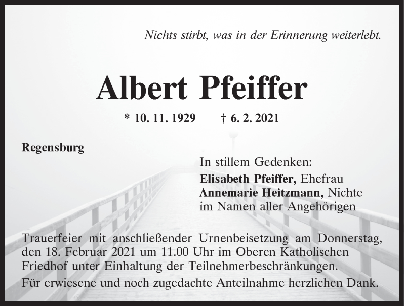  Traueranzeige für Albert Pfeiffer vom 13.02.2021 aus Mittelbayerische Zeitung Regensburg