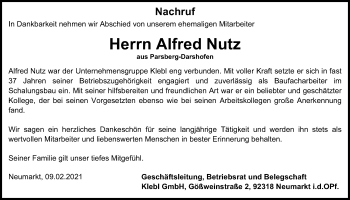 Traueranzeige von Alfred Nutz von Neumarkter Tagblatt