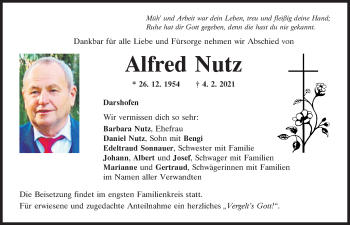 Traueranzeige von Alfred Nutz von Neumarkter Tagblatt