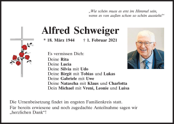 Traueranzeige von Alfred Schweiger von Mittelbayerische Zeitung Kelheim