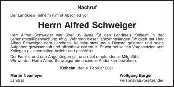 Traueranzeige von Alfred Schweiger von Mittelbayerische Zeitung Kelheim