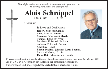 Traueranzeige von Alois Schröppel von Mittelbayerische Zeitung Regensburg