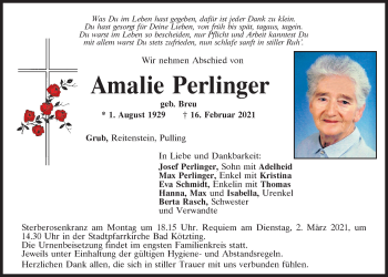 Traueranzeige von Amalie Perlinger von Bayerwald Echo