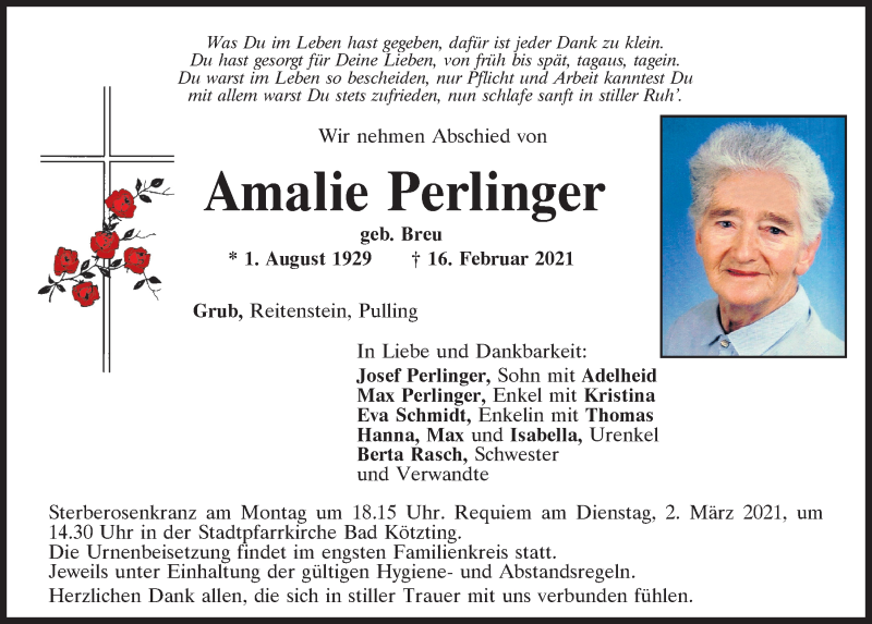  Traueranzeige für Amalie Perlinger vom 26.02.2021 aus Bayerwald Echo