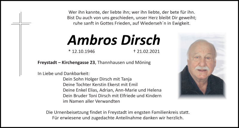  Traueranzeige für Ambros Dirsch vom 23.02.2021 aus Neumarkter Tagblatt
