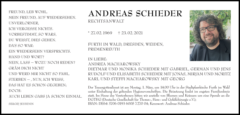  Traueranzeige für Andreas Schieder vom 26.02.2021 aus Bayerwald Echo