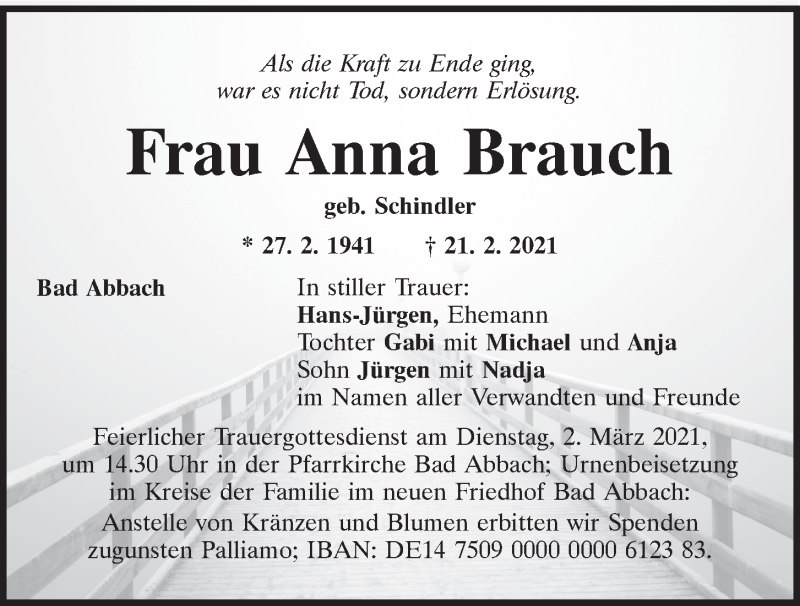  Traueranzeige für Anna Brauch vom 27.02.2021 aus Mittelbayerische Zeitung Regensburg