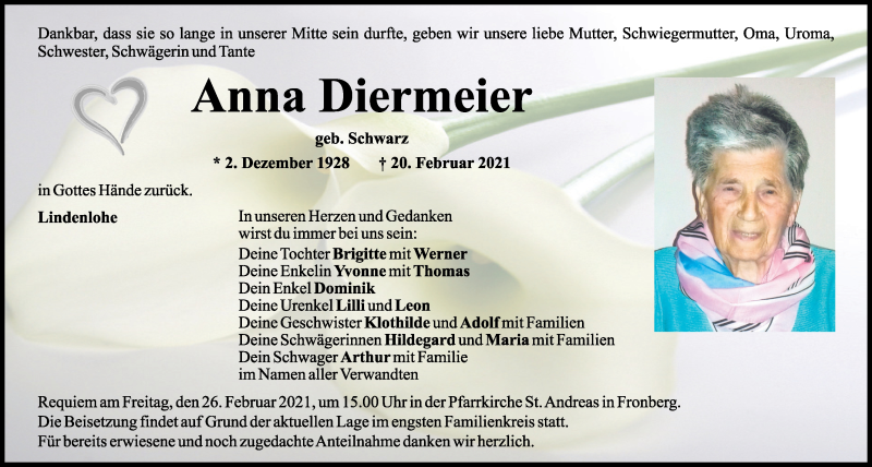  Traueranzeige für Anna Diermeier vom 23.02.2021 aus Mittelbayerische Zeitung Schwandorf