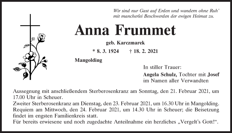 Traueranzeige für Anna Frummet vom 20.02.2021 aus Mittelbayerische Zeitung Regensburg