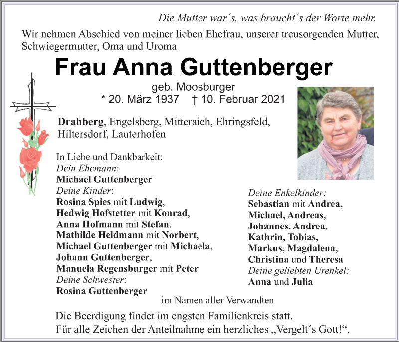  Traueranzeige für Anna Guttenberger vom 13.02.2021 aus Neumarkter Tagblatt