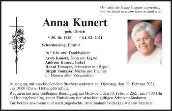 Traueranzeige von Anna Kunert von Mittelbayerische Zeitung Regensburg