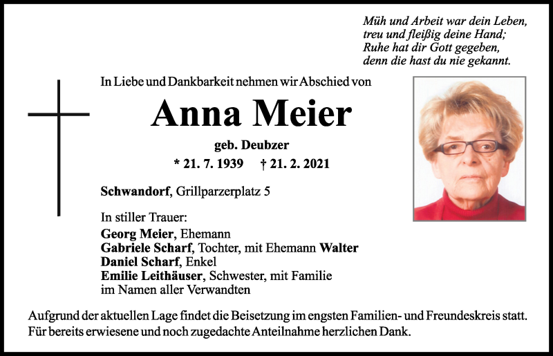  Traueranzeige für Anna Meier vom 25.02.2021 aus Mittelbayerische Zeitung Schwandorf