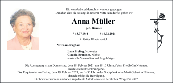 Traueranzeige von Anna Müller von Mittelbayerische Zeitung Regensburg