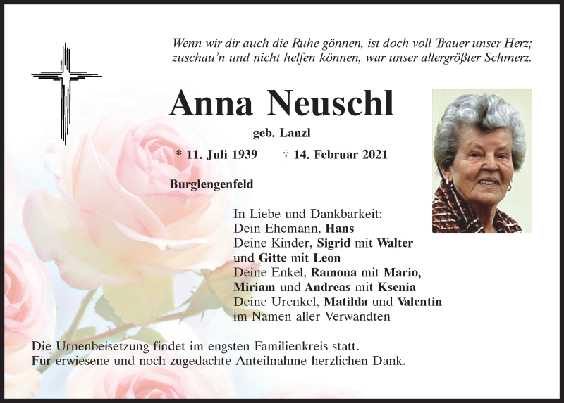  Traueranzeige für Anna Neuschl vom 20.02.2021 aus Mittelbayerische Zeitung Schwandorf