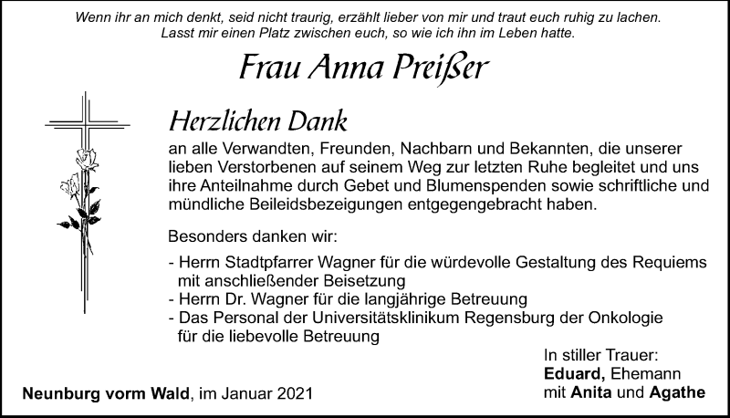  Traueranzeige für Anna Preißer vom 06.02.2021 aus Bayerwald Echo