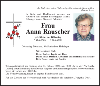 Traueranzeige von Anna Rauscher von Bayerwald Echo