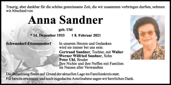 Traueranzeige von Anna Sandner von Mittelbayerische Zeitung Schwandorf
