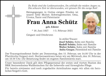 Traueranzeige von Anna Schütz von Bayerwald Echo