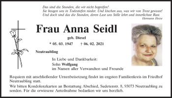 Traueranzeige von Anna Seidl von Mittelbayerische Zeitung Regensburg