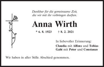 Traueranzeige von Anna Wirth von Mittelbayerische Zeitung Regensburg