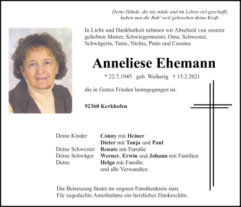 Traueranzeige von Anneliese Ehemann von Neumarkter Tagblatt
