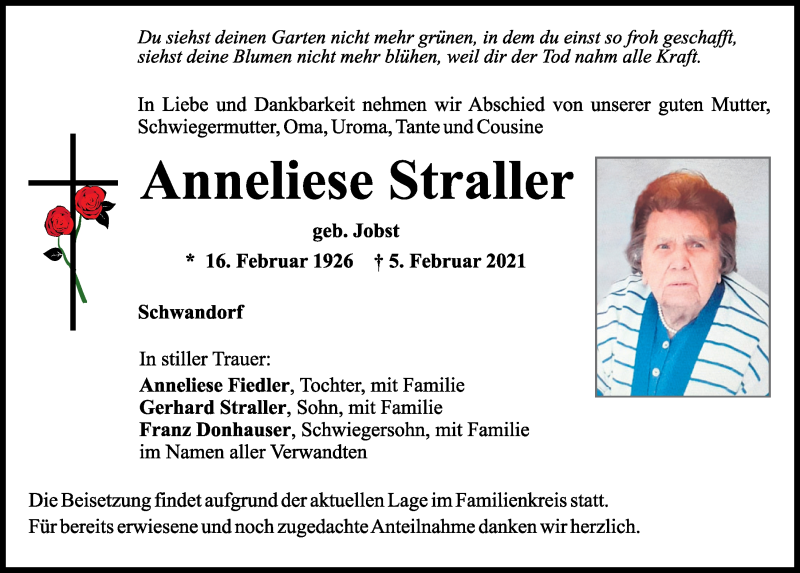  Traueranzeige für Anneliese Straller vom 06.02.2021 aus Mittelbayerische Zeitung Schwandorf