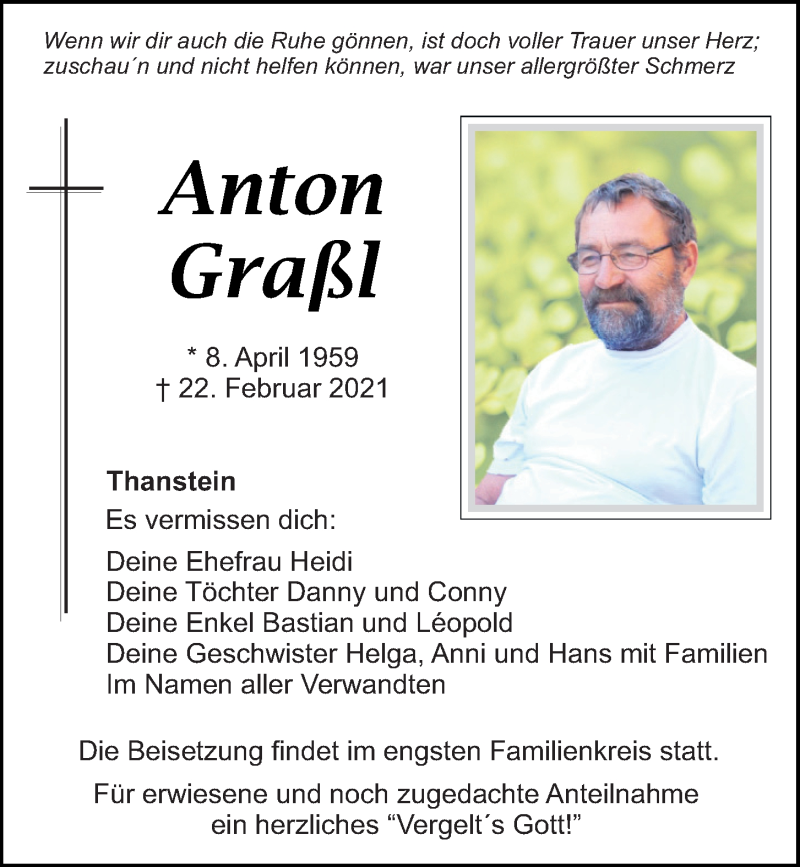  Traueranzeige für Anton Graßl vom 24.02.2021 aus Mittelbayerische Zeitung Schwandorf