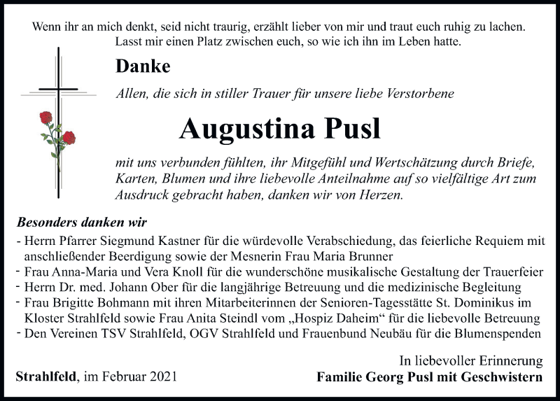  Traueranzeige für Augustina Pusl vom 10.02.2021 aus Bayerwald Echo