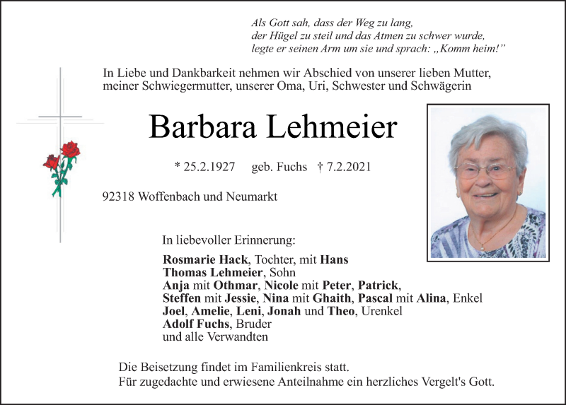  Traueranzeige für Barbara Lehmeier vom 09.02.2021 aus Neumarkter Tagblatt