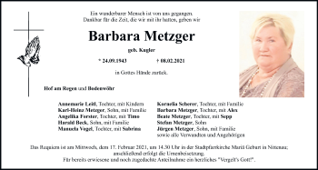 Traueranzeige von Barbara Metzger von Mittelbayerische Zeitung Regensburg