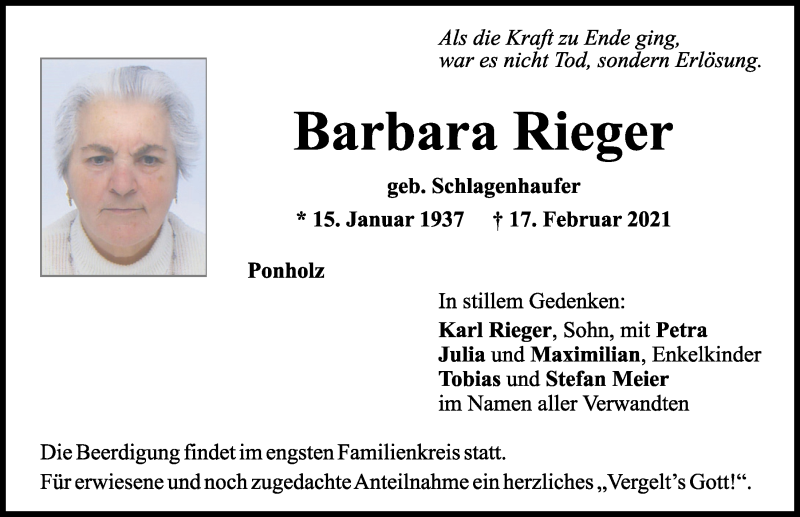 Traueranzeige für Barbara Rieger vom 20.02.2021 aus Mittelbayerische Zeitung Schwandorf