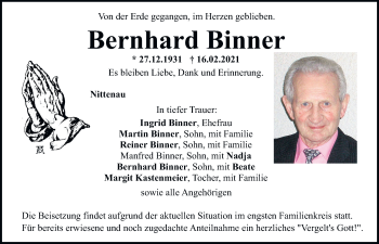 Traueranzeige von Bernhard Binner von Mittelbayerische Zeitung Schwandorf