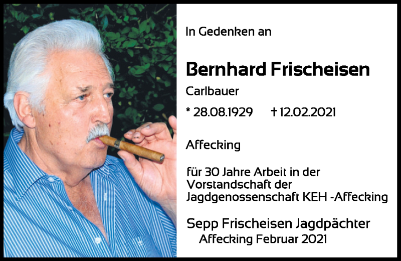 Traueranzeige für Bernhard Frischeisen vom 16.02.2021 aus Mittelbayerische Zeitung Kelheim