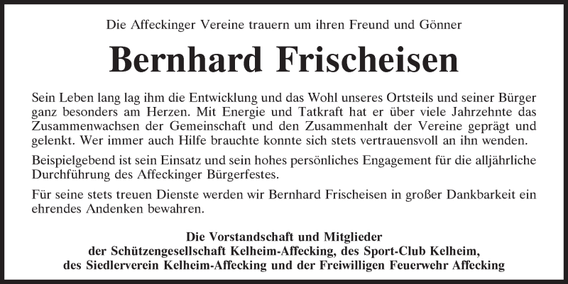  Traueranzeige für Bernhard Frischeisen vom 24.02.2021 aus Mittelbayerische Zeitung Kelheim