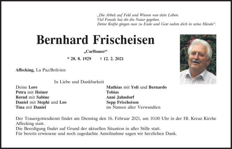  Traueranzeige für Bernhard Frischeisen vom 15.02.2021 aus Mittelbayerische Zeitung Kelheim