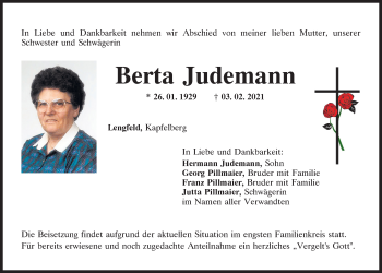 Traueranzeige von Berta Judemann von Mittelbayerische Zeitung Kelheim