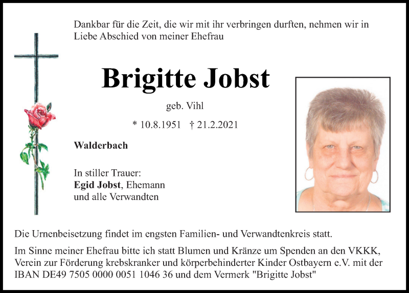  Traueranzeige für Brigitte Jobst vom 24.02.2021 aus Bayerwald Echo