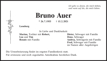 Traueranzeige von Bruno Auer von Mittelbayerische Zeitung Schwandorf