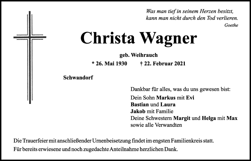  Traueranzeige für Christa Wagner vom 24.02.2021 aus Mittelbayerische Zeitung Schwandorf