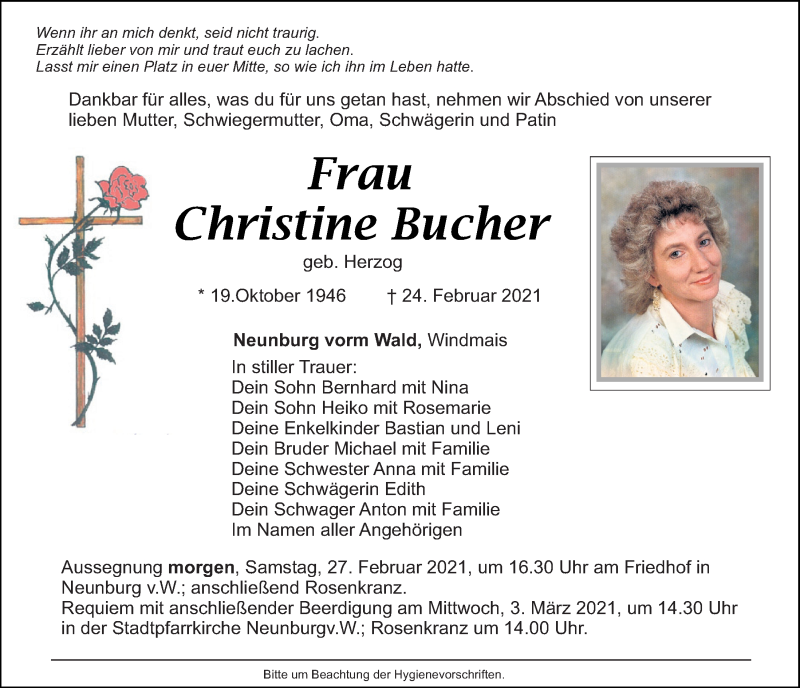  Traueranzeige für Christine Bucher vom 26.02.2021 aus Mittelbayerische Zeitung Schwandorf