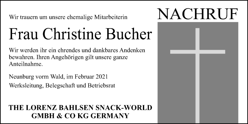  Traueranzeige für Christine Bucher vom 27.02.2021 aus Mittelbayerische Zeitung Schwandorf