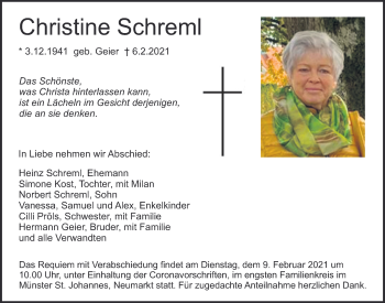 Traueranzeige von Christine Schreml von Neumarkter Tagblatt
